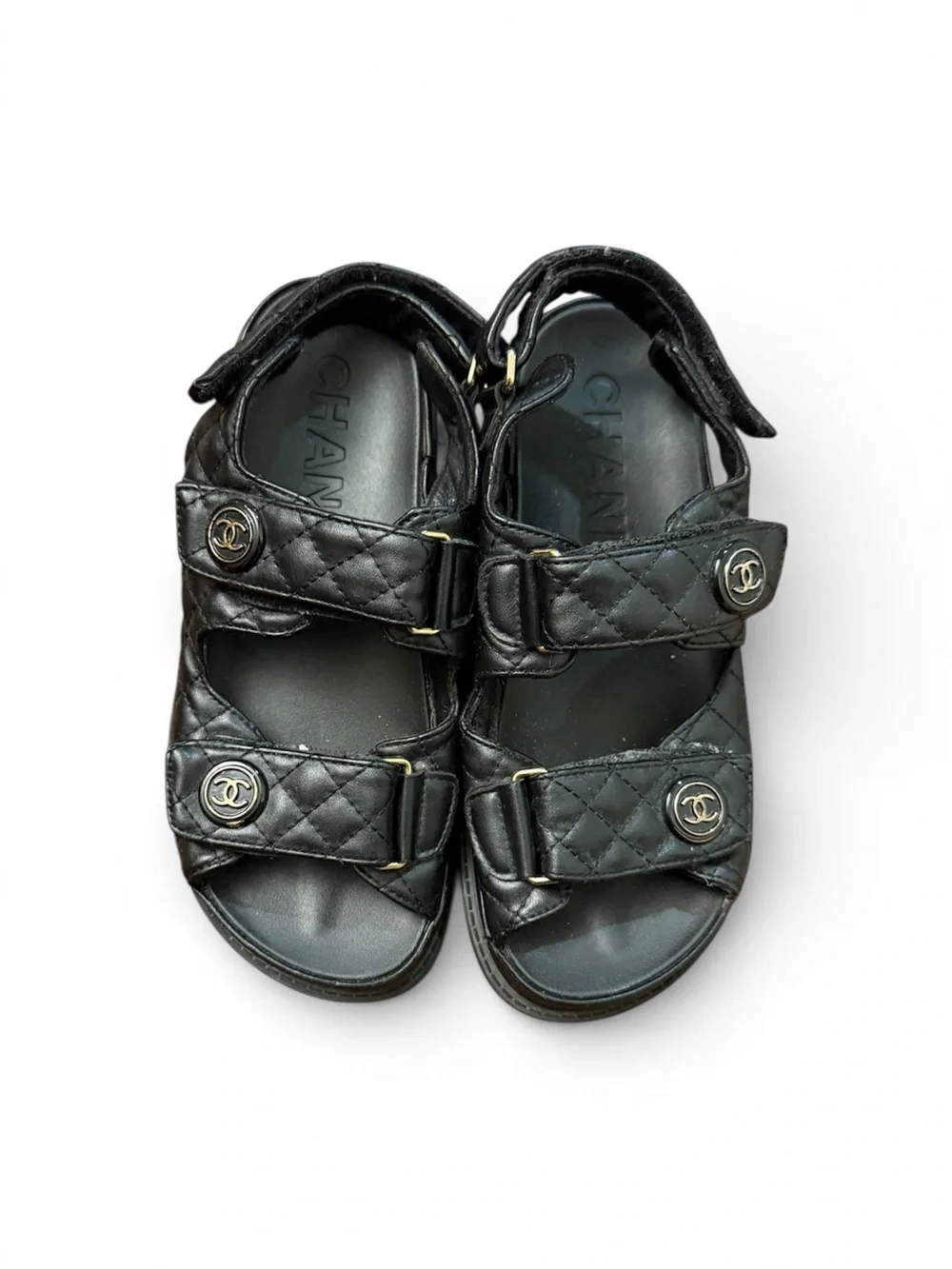 Authentic CHANEL Black Quilted Leather Open-Toe Sandals with Gold CC